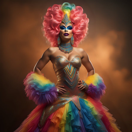 Drag queen person wearing heavy extravagant makeup and rainbow dress - generated by ai.の素材