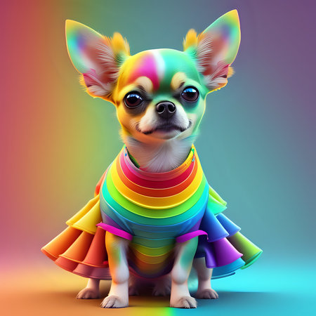 Cool looking chihuahua dog wearing rainbow dress isolated on colorful background. LGBTQ- generated by aiの素材