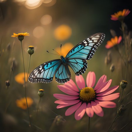 Cosmos blooming at dusk, beautiful butterflies flying around, colorful flowers and grass - generated by aiの素材