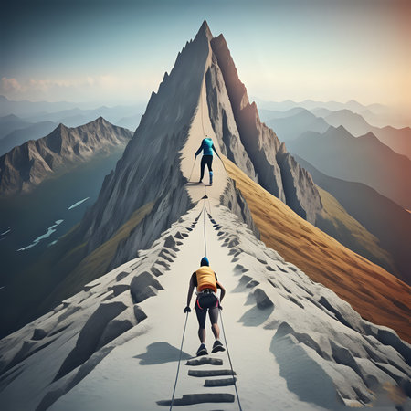 Goal to success for level up with person climbing on route slope to mountain peak.human performance limit concepts.growth mindset and motivation - generated by aiの素材