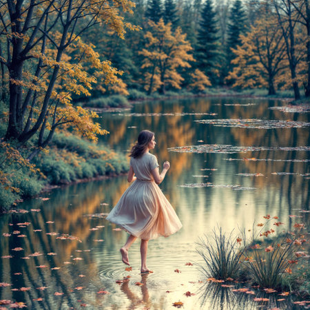 Dreamlike autumn scene with running woman and falling leaves. Romantic woman in long dress at a pond in fall - generated by aiの素材