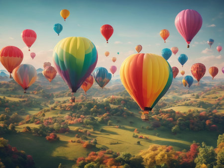 colorful balloons in the sky background, in the style of surreal 3d landscapes - generated by aiの素材