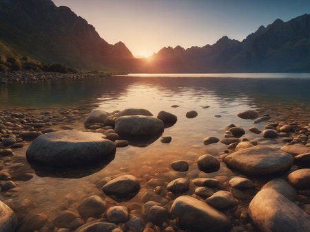 Stones lined up in a lake at sunset, well-being, harmony - generated by aiの素材