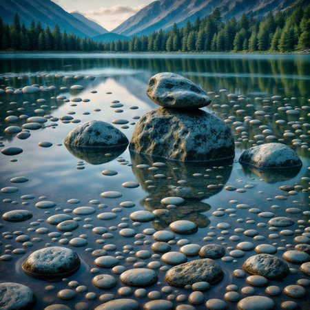 Stones lined up in a lake at sunset, well-being, harmony - generated by aiの素材
