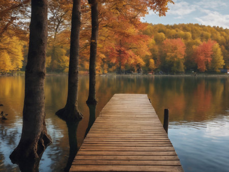 Autumn at the lake on the jetty - generated by aiの素材