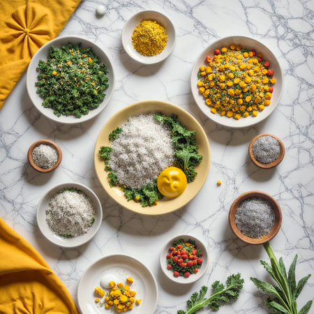 A beautifully designed wellness food plate that embodies the essence of health and vitality, with ingredients like kale, turmeric, chia seeds, colorful fruits, and glowing proteins arranged artfully -generated by aiの素材