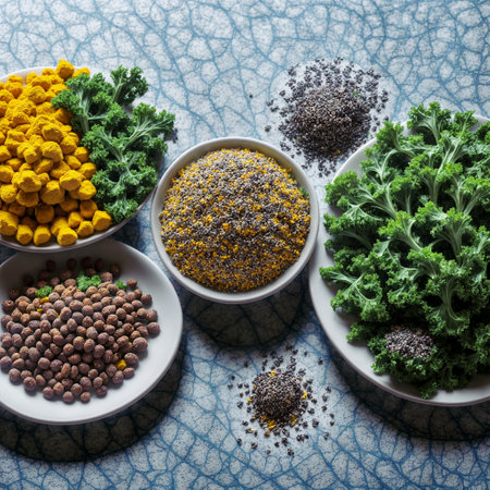 A beautifully designed wellness food plate that embodies the essence of health and vitality, with ingredients like kale, turmeric, chia seeds, colorful fruits, and glowing proteins arranged artfully -generated by aiの素材