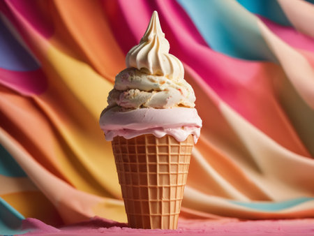 creamy ice cream cone atop multi colored backdrop - generated by aiの素材