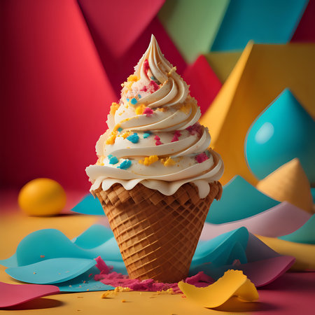 creamy ice cream cone atop multi colored backdrop -generated by aiの素材