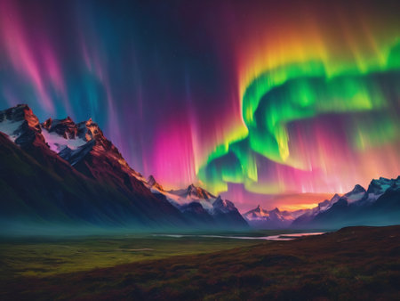 A surreal sky scene where traditional aurora borealis colors are replaced with a spectrum of neon - generated by aiの素材