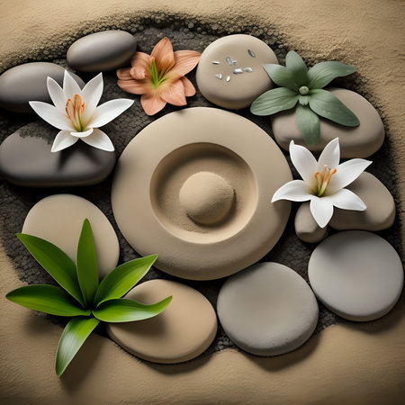 sand, lily and spa stones in zen garden - generated by aiの素材