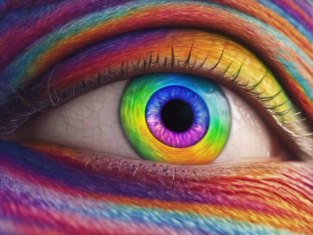 Rainbow lines after a flash scatter out of a bright binary circle and forming volumetric a human eye iris and pupil. 3d rendering background - generated by aiの素材