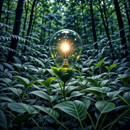 Eco Friendly Leaf Green Energy Light Bulb in a Lush Forest Background - generated by aiの素材