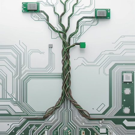 Green tree on computer chip, technology meets nature, circuit board, roots resembling wires, blending, environmental tech - generated by aiの素材