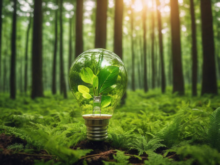 Eco Friendly Leaf Green Energy Light Bulb in a Lush Forest Background - generated by aiの素材