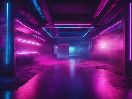 Sci Fi Futuristic Smoke Fog Neon Laser Garage Room,blue pink violet neon abstract background,ultraviolet light,night club Cyber Undergound Warehouse Concrete Reflective Studio - generated by aiの素材