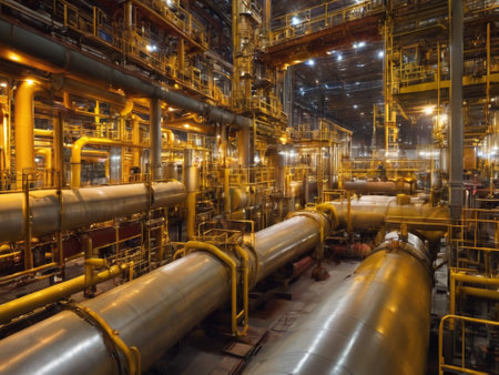 Industry pipeline transport petrochemical, gas and oil processing, furnace factory line, rack of heat chemical manufacturing, equipment steel pipes plant with - generated by aiの素材