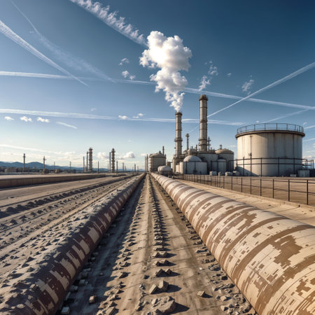 Oil and gas refinery storage tank. Industrial structures and giant tanks nearby - generated by aiの素材
