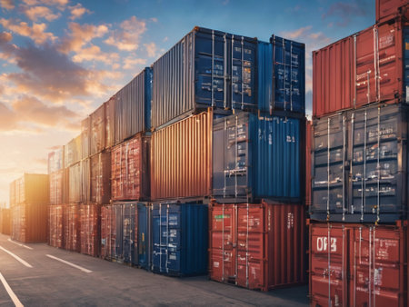 Stack of blue container boxes with sky background. Cargo freight shipping for import and export logistics - generated by aiの素材