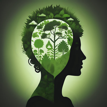 Symbolizing the green thinking concept, a woman's head silhouette is filled with green, sustainable environment elements, evoking eco-consciousness and respect for nature-- generated by aiの素材