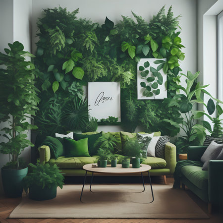 Stylish home interior with background from leaves and plants. Plant wall with lush green colors --generated by aiの素材