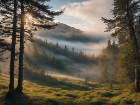 beautiful foggy mystic mountains. Fog clouds at the pine tree mystical woods, morning. Europe, mysterious alpine landscape - generated by aiの素材