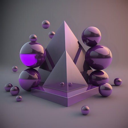 Neon 3D image of pyramids cubes and spheres, made of purple glass on a dark gray background with depth of field, free floating at different heights - generated by aiの素材