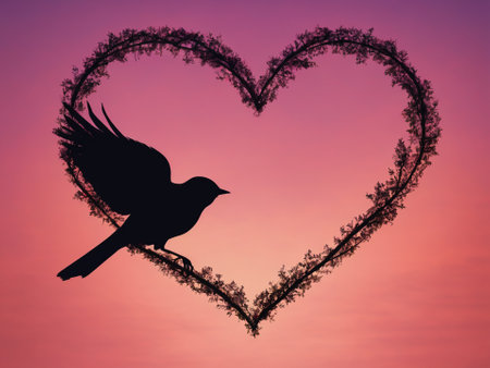 silhouette of bird in heart shape on pastel background and Valentines Day - generated by aiの素材