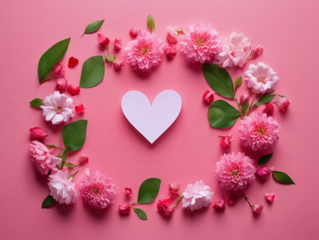 Creative layout with pink flowers, paper heart over punchy pastel background. Top view, flat lay. Spring, summer or garden concept - generated by aiの素材