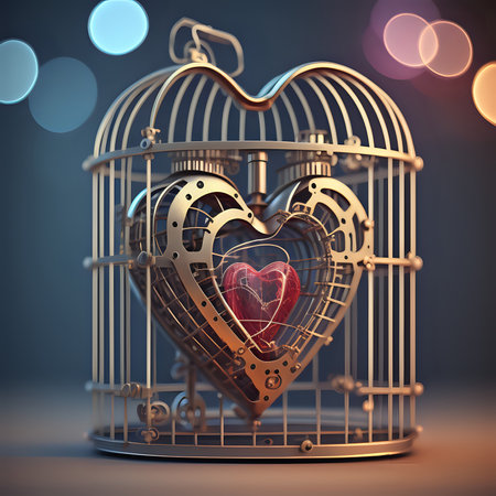 3D illustration of a mechanical heart inside a birdcage with a bokeh background - generated by aiの素材