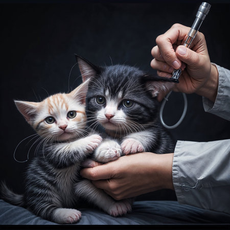 close-up of veterinarians whit a stethoscope and hands holding a kitten - generated by aiの素材