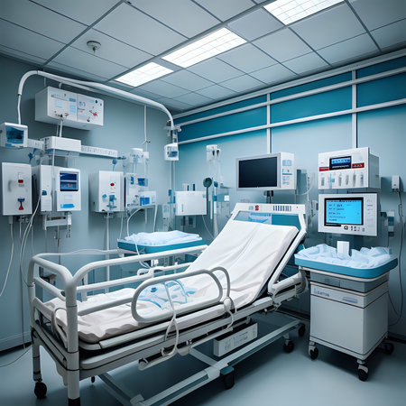 Intensive care unit (ICU) with medical equipment and monitor - generated by aiの素材
