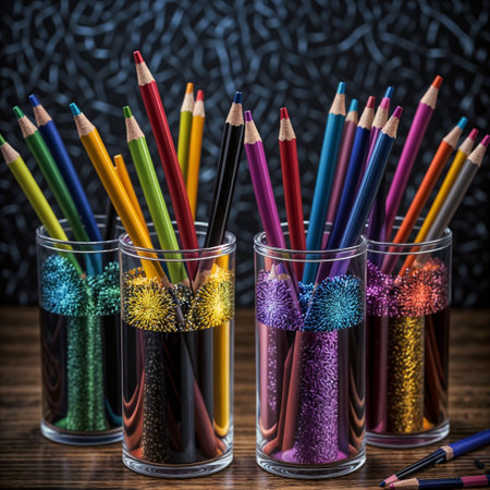 bright colored pencils in matching containers - generated by aiの素材