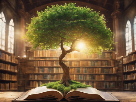 The concept of education by planting knowledge trees and birds flying to the future to open old books in the library, beautiful blurred background - - generated by aiの素材