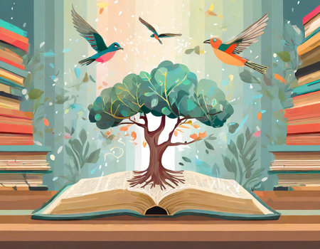 The concept of education by planting knowledge trees and birds flying to the future to open, flat design - generated by aiの素材