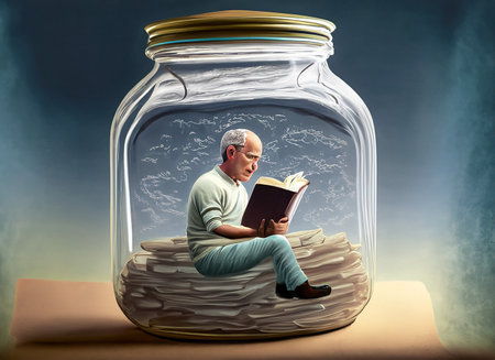 man inside a jar reading a book, conceptual image--generated by aiの素材