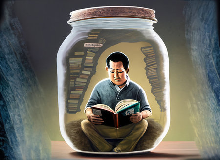 man inside a jar reading a book, conceptual image--generated by aiの素材
