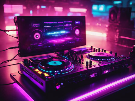 colorful dj deck with smoke - generated by aiの素材