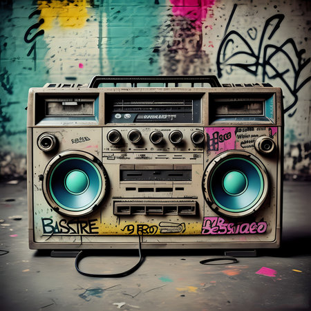 Retro old design ghetto blaster boombox radio cassette tape recorder from 1980s in a grungy graffiti covered room.music blaster - generated by aiの素材