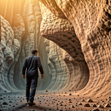 Man walking to the light and exit the cave - generated by aiの素材
