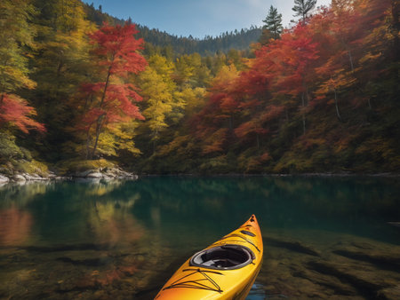 Kayak on alpine lake in fall - generated by aiの素材