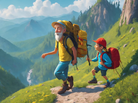 Hiker helping friend reach the mountain top - generated by aiの素材