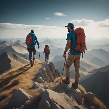 Hiker helping friend reach the mountain top - generated by aiの素材