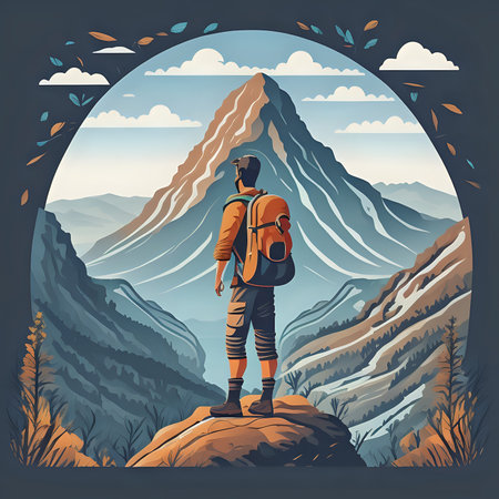 Man with backpack, traveler or explorer standing on top of mountain or cliff and looking on valley. Concept of discovery, exploration, hiking, adventure tourism and travel - generated by aiの素材