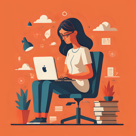 girl with laptop sitting on the chair. Independent or study concept. Flat illustration - generated by aiの素材