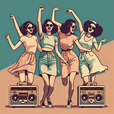 women friends dancing by retro boombox - generated by aiの素材