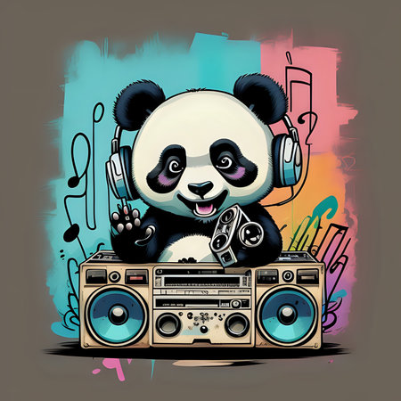 panda listening music with boombox cartoon - generated by aiの素材