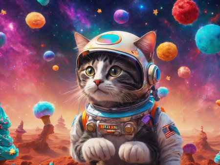 A whimsical scene of a cat wearing a tiny astronaut helmet, floating in a colorful nebula - generated by aiの素材