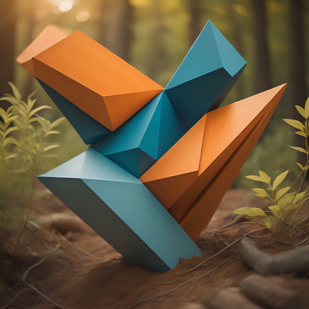 Colorful origami pyramid in the forest. 3d rendering.の素材