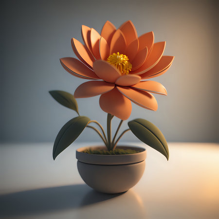 Orange flower in pot on white table. 3d render illustration.の素材